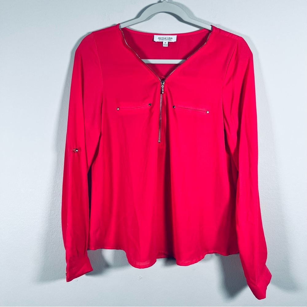 Active USA Style T1412 Long Sleeve Zip Up Neckline Pink Blouse Women’s Size M